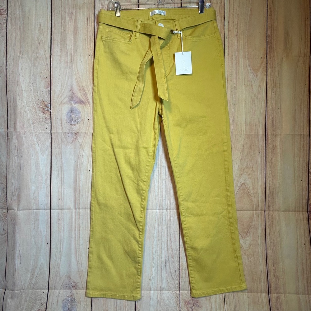 LC Lauren Conrad Slim Straight Pants Women 14 Yellow Tie Waist Naple Gold Preppy